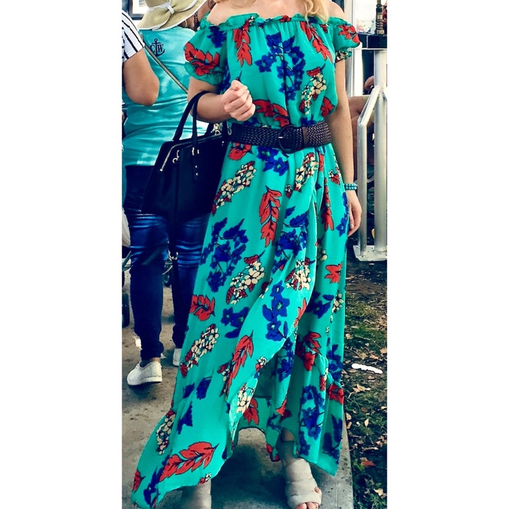 Belle Vere Tropical Floral Off shoulder Puff Sleeve Green maxi Dress S